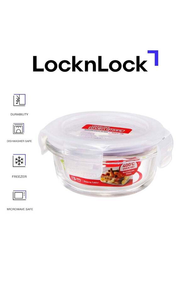 LocknLock Oven Glass Round Food Container 130ml Airtight with 4-Side Locking Lid, Microwave & Oven