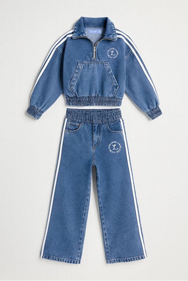 Unisex Kids Cotton Blue Jean Sweatshirt and Pants Set - Side Stripe