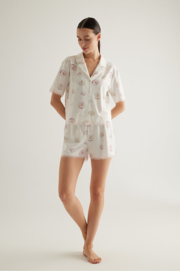 Kadın Pamuklu Kısa Kollu Gömlek Şortlu Pijama Takımı - 5
