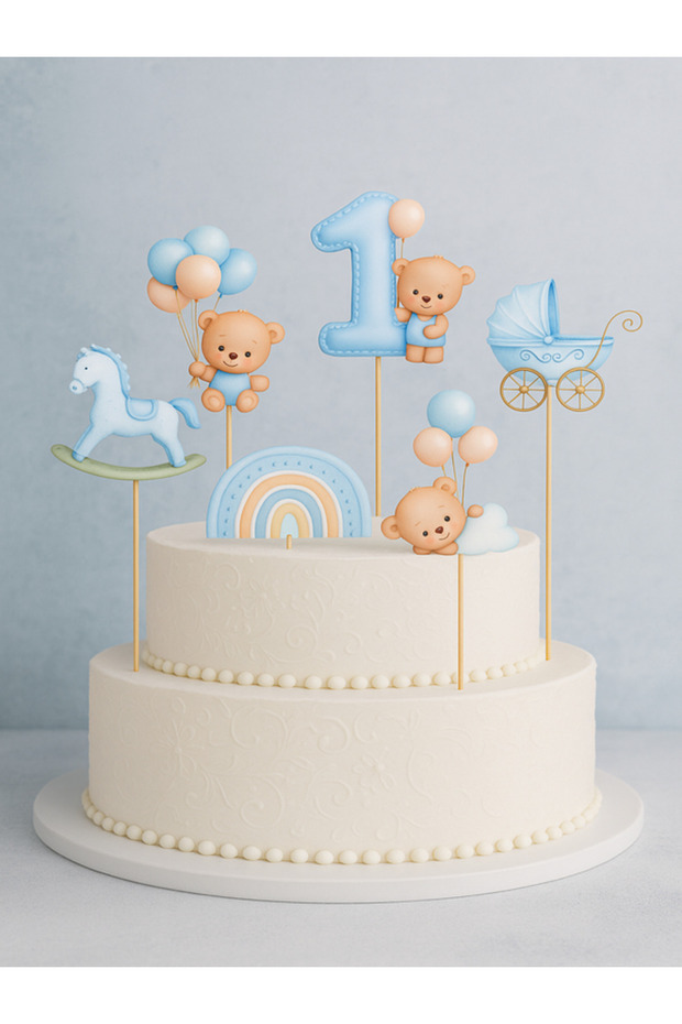 Baby Boy 1 Year Old Birthday Cake Decoration – Teddy Bear Cake Decoration, Baby Shower Decorations with Rainbow Figures