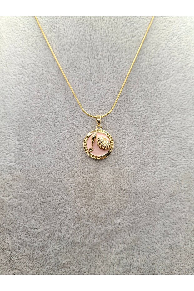 Gold Color Special Embossed Enameled Pink Seashell Model Steel Necklace