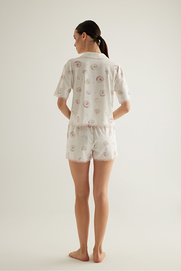 Kadın Pamuklu Kısa Kollu Gömlek Şortlu Pijama Takımı - 4