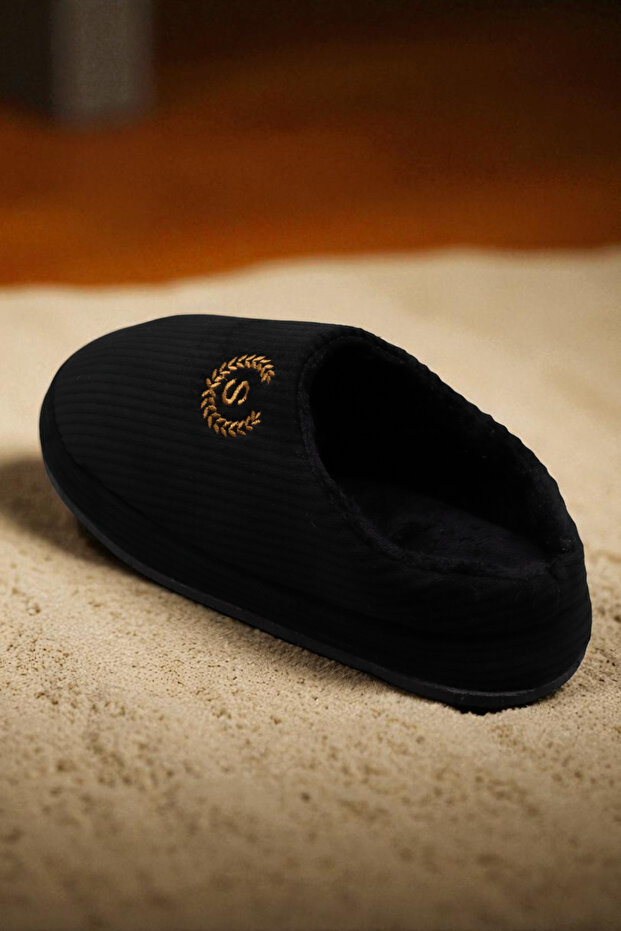 Uniszex hímzett bársony bordázott mintás kényelmes, puha talpú, szőrmével bélelt házi papucs. Papucs - 7