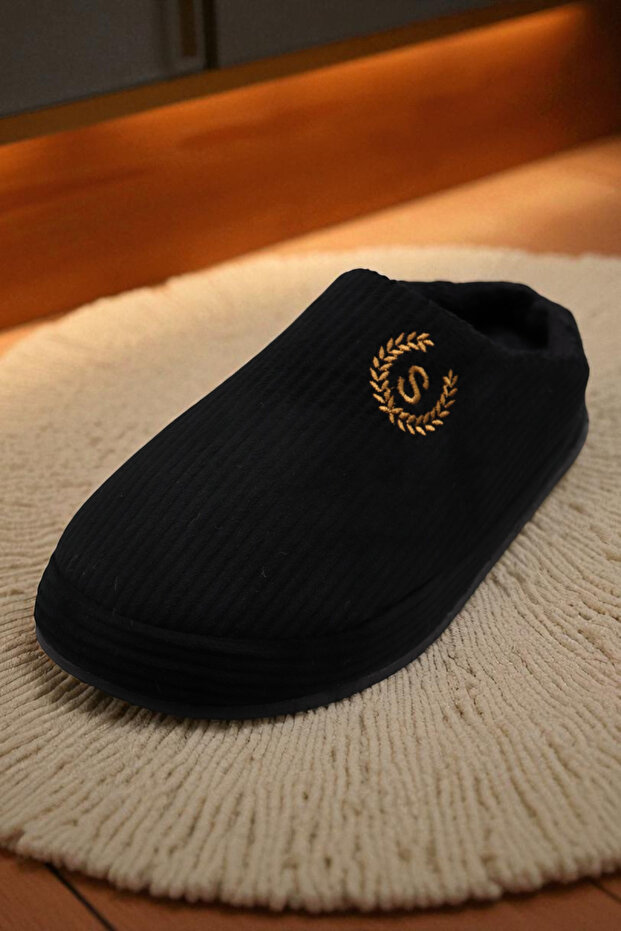 Uniszex hímzett bársony bordázott mintás kényelmes, puha talpú, szőrmével bélelt házi papucs. Papucs - 5