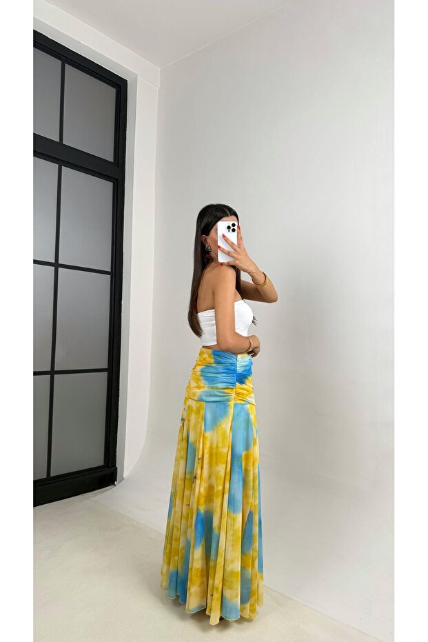 Sarı Çok Renkli Desenli Drape Detaylı Astarlı Şifon Etek GAUS-0023 - 3