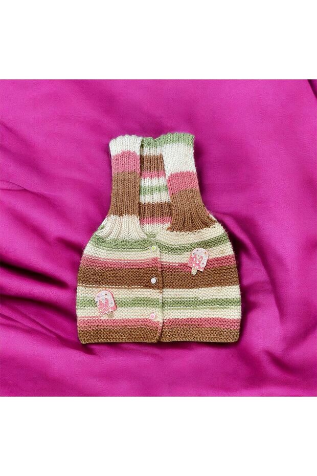 Baby Hand Knitted Knitted Vest Green Pink Cream Glitter Ice Cream Patterned
