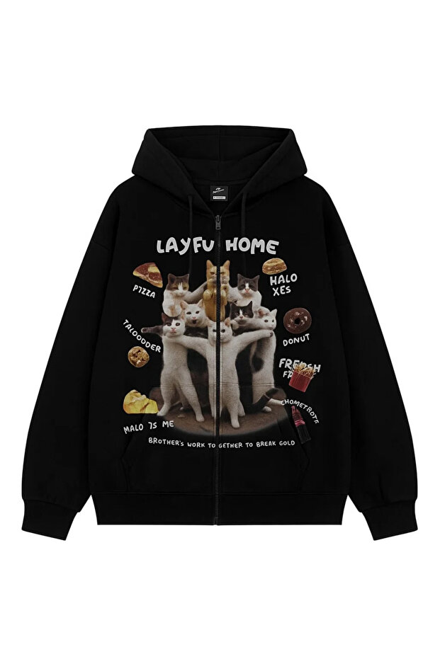 Streetwear Printed Oversize Zippered Black Unisex Hooded Cardigan