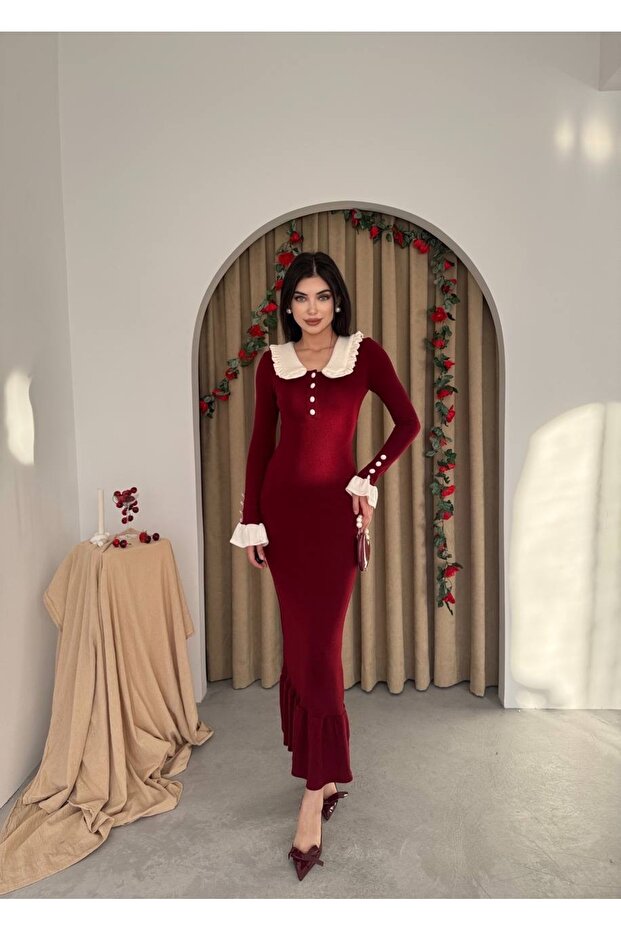 Arlena Retro Fırfır Detay Uzun Triko Elbise - 1