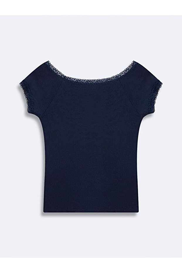 Dantel Detaylı Basıc Lacivert T-shırt - 2