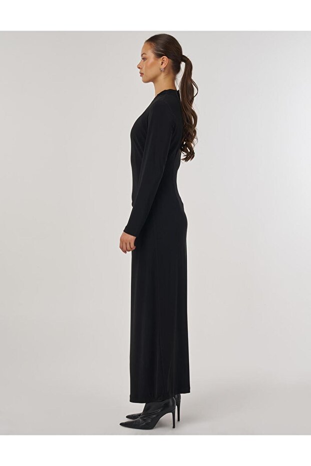 Bisiklet Yaka Drapeli Elbise Siyah - 4