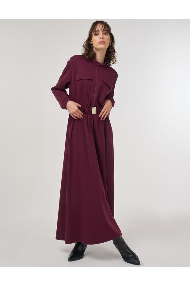 Rubber Belted Cover Pocket Maxi Dress Dark Burgundy
