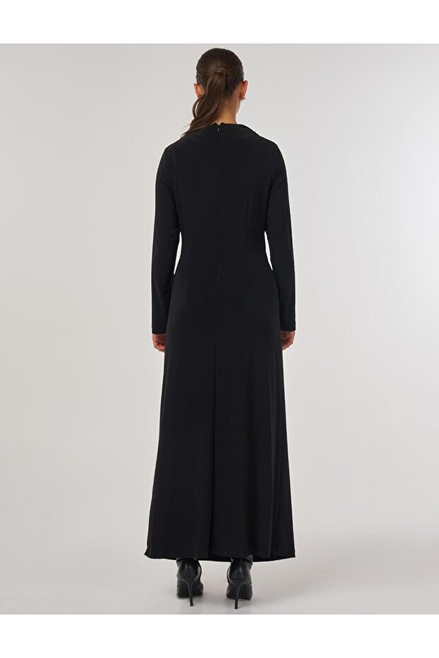 Bisiklet Yaka Drapeli Elbise Siyah - 5