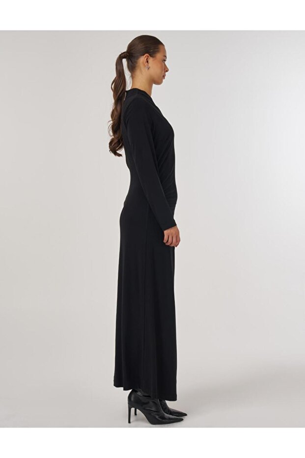 Bisiklet Yaka Drapeli Elbise Siyah - 6