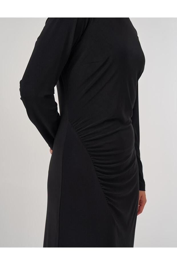 Bisiklet Yaka Drapeli Elbise Siyah - 7