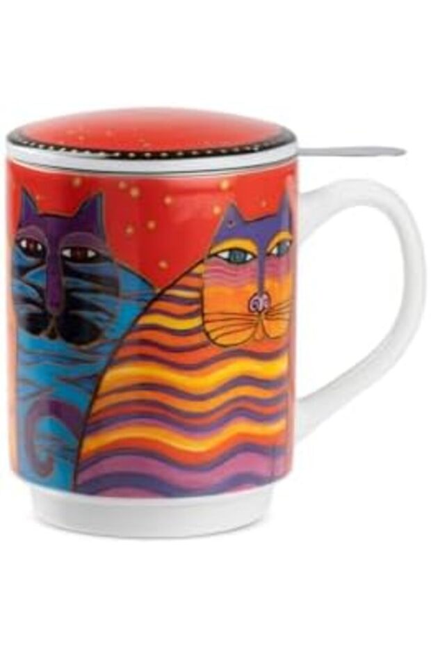 Laurel Burch Infusion Cup 350ml – Porcelain Tea Mug with Lid & Filter – Artistic Cat Design