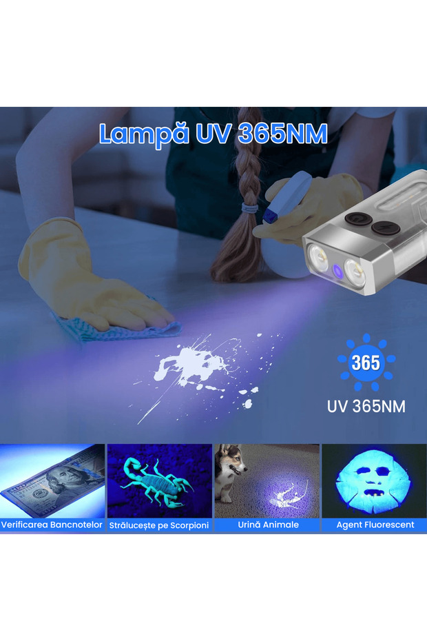 Mini LED Flashlight, 1000 LM, 12 Modes, COB Side, USB-C, UV, 80 dB Emergency Beep, Magnet, 1000mAh - 6