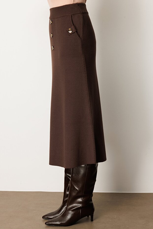 Düğmeli Triko Etek - 5