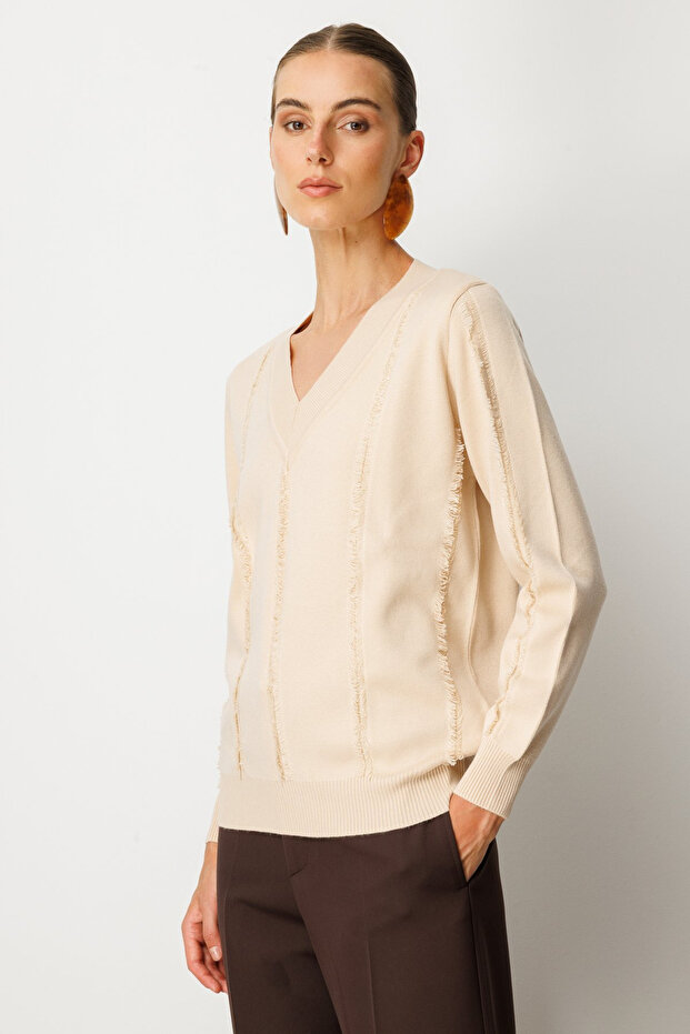 Yaka Şerit Kırçıllı Triko Kazak - 2