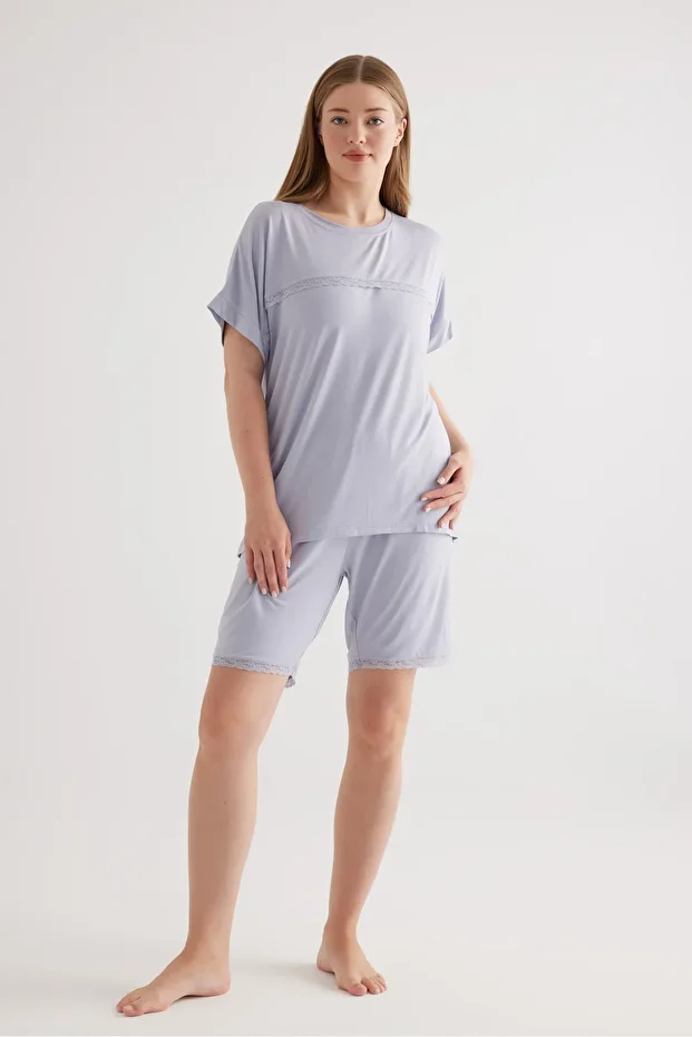 Kadın Plus Size Viscose Kısa Kollu Şortlu Pijama Takımı - 3