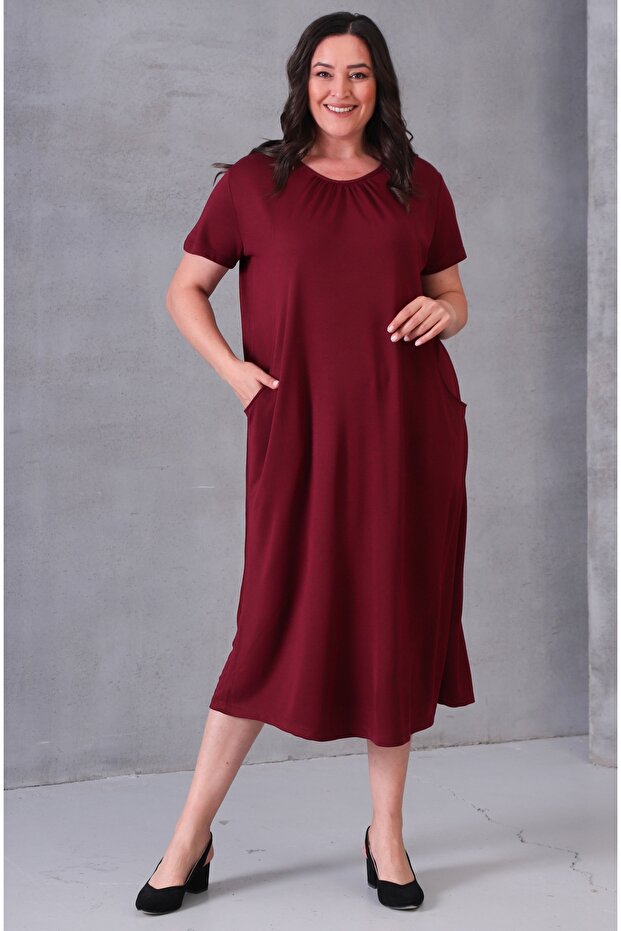 Women's Plus Size Burgundy, Collar Detailed Pocket Viscose Dress 65N39105