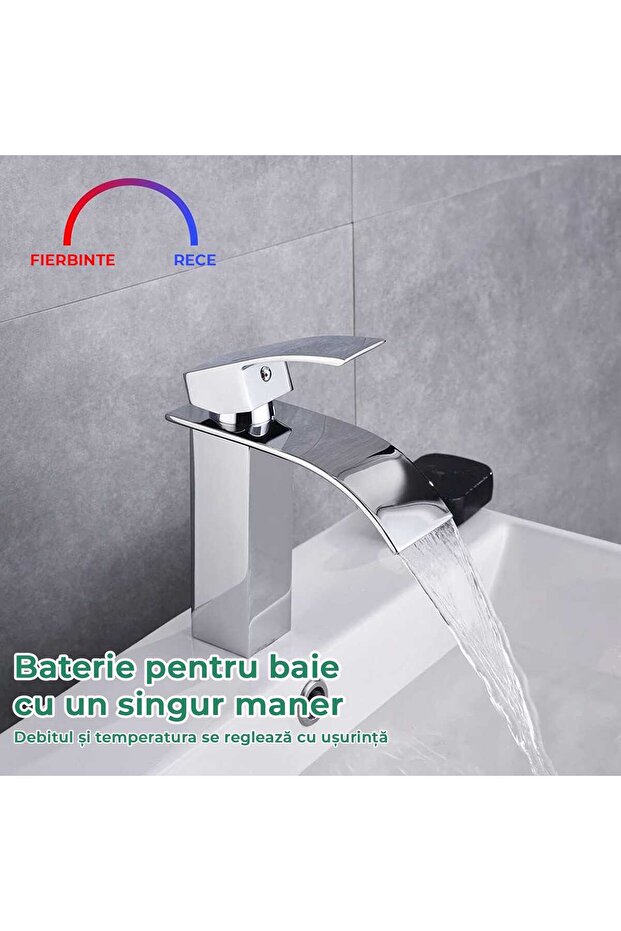 Modern Waterfall Sink Faucet, Single Lever, with Mounting Plate, Chromed Brass - 4