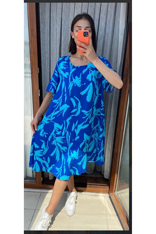 Women's Casual Viscose Pocket Patterned Wide Cut Dress