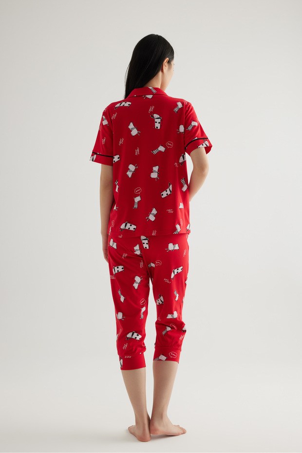 Kadın Pamuklu Kısa Kollu Gömlek Pijama Üstü - 4