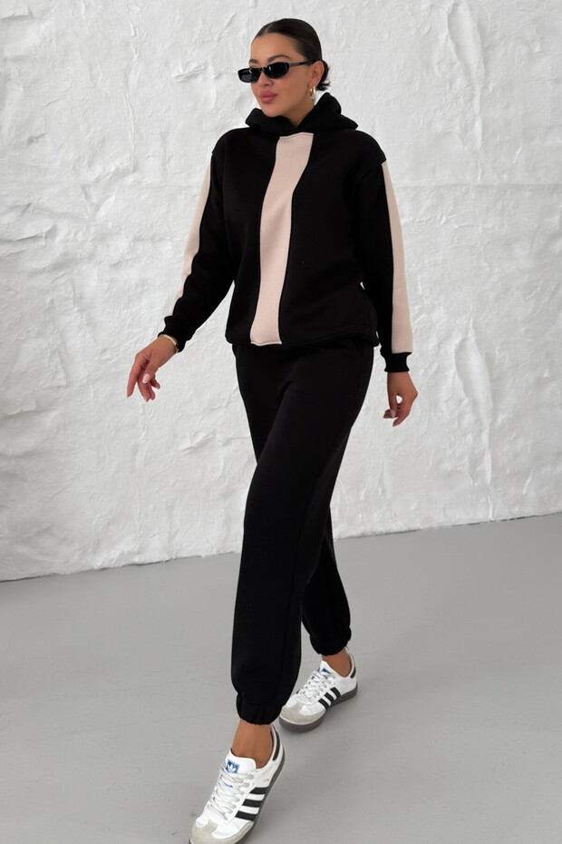 Kadın Siyah Kapüşonlu Kol Ve Göğüs Kalın Şeritli Alt-Üst Eşofman Takımı - 5