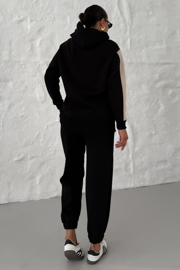 Kadın Siyah Kapüşonlu Kol Ve Göğüs Kalın Şeritli Alt-Üst Eşofman Takımı - 8