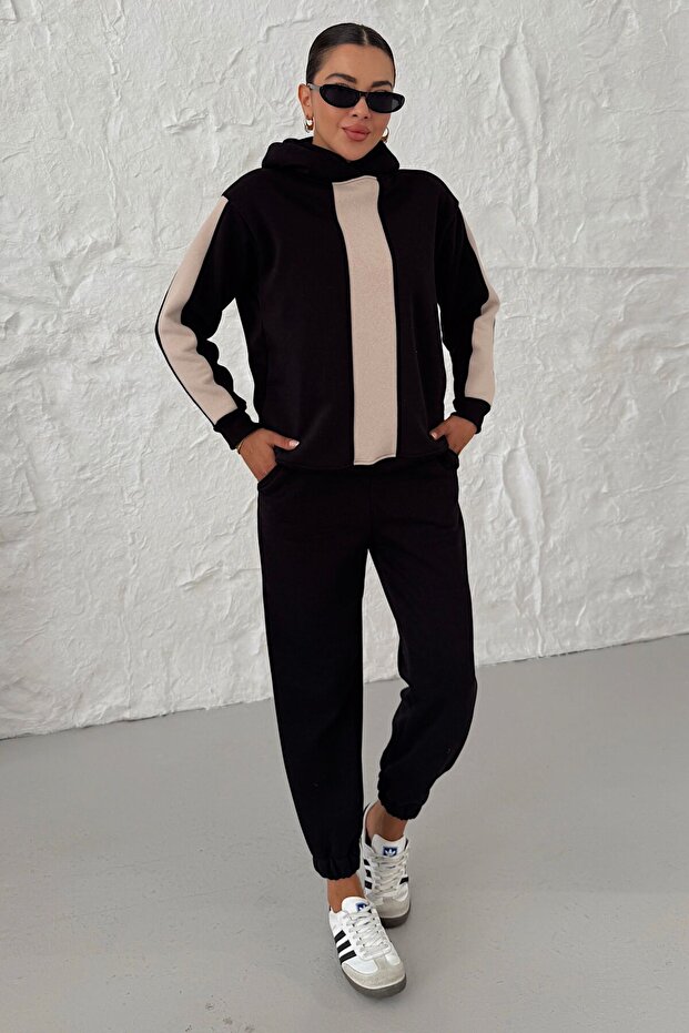 Kadın Siyah Kapüşonlu Kol Ve Göğüs Kalın Şeritli Alt-Üst Eşofman Takımı - 1