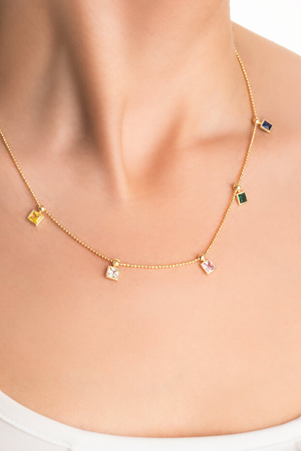 Minimal Renkler 18 Ayar Sarı Altın Kaplama 45 Cm Gümüş Kolye - 2