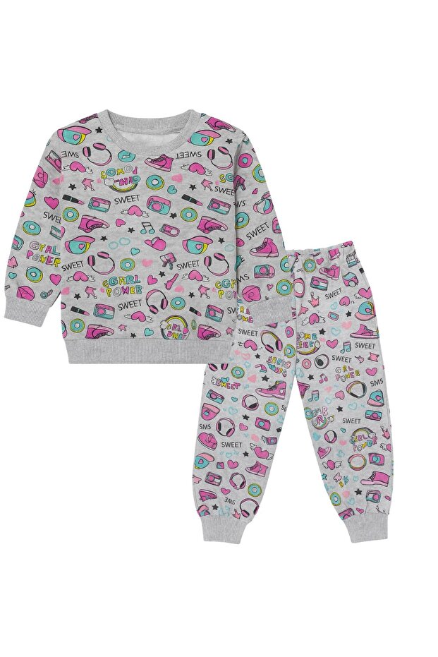 Girls' Patterned Pajama Set 100% Cotton and Stretchy Pajama Set