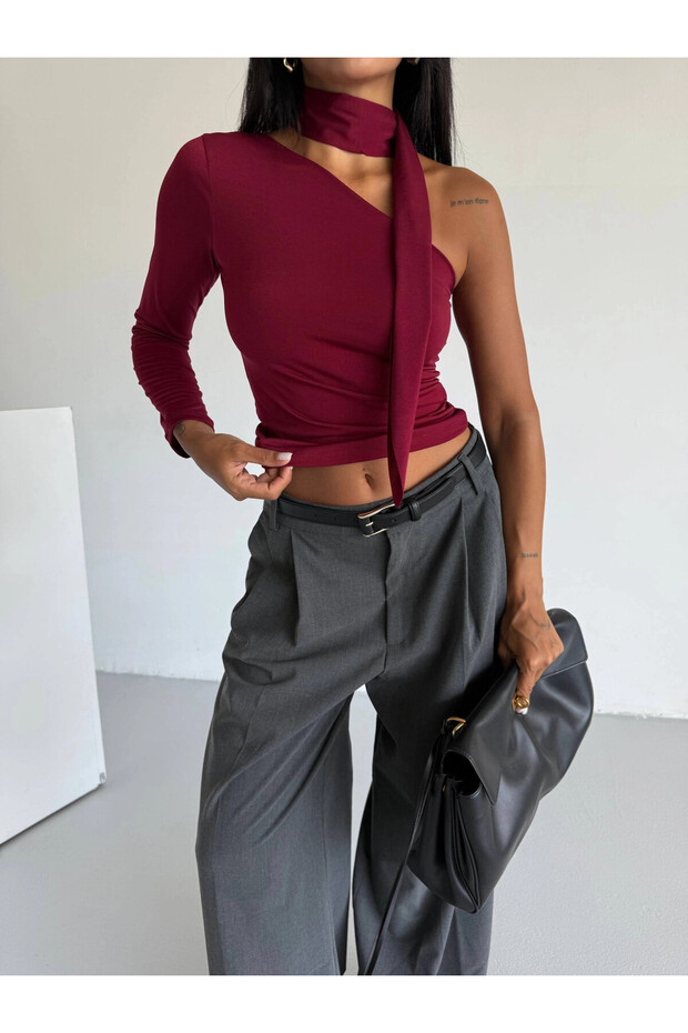 Women's Burgundy Scarf Sandy Fabric Asymmetric Cut Blouse Hzl25S-Fry123371