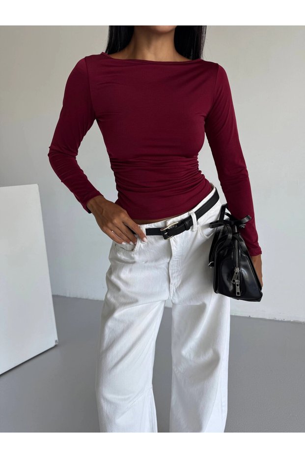 Women's Burgundy Long Sleeve Sany Blouse Hzl25S-Fry123351