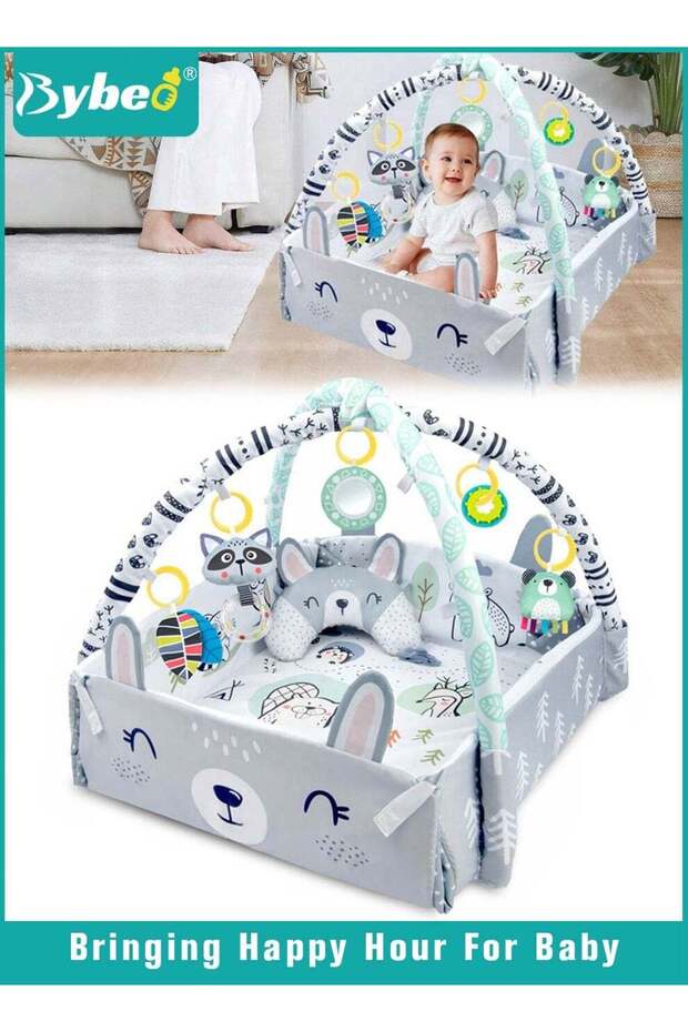 4-in-1 Baby Gym Play Mat, Tummy Time Mat & Activity Gym, Foldable Infant Play Mat from Newborn to Toddler, Baby Activity Center with Detachable Toys for Sensory Development, Easy to Clean