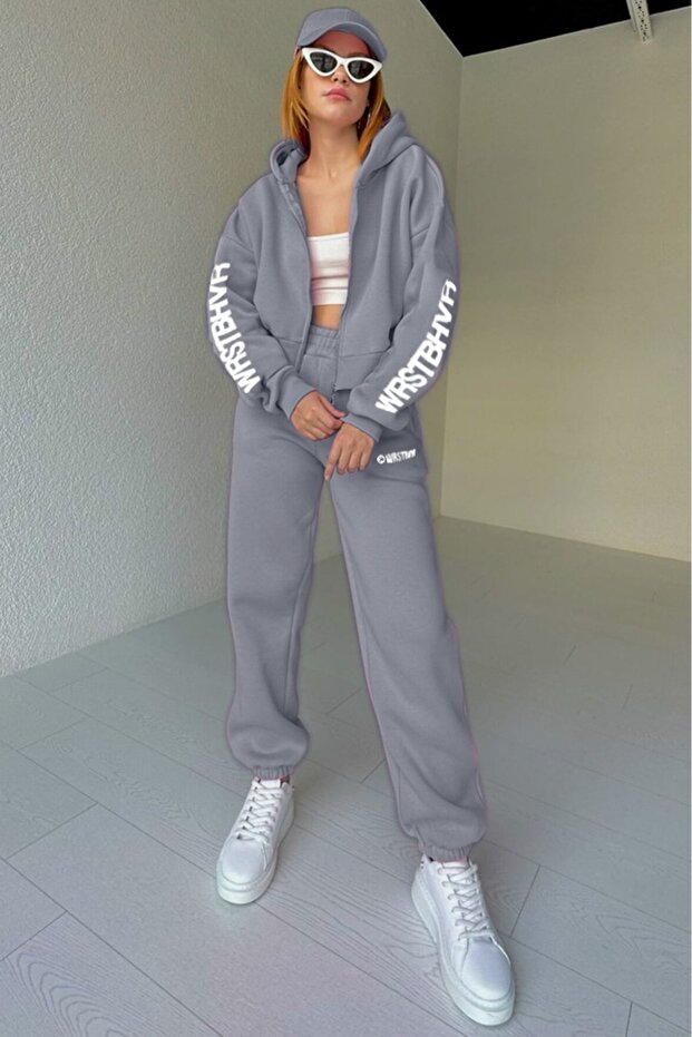 Kadın WRSTBHVR Baskılı Oversize 3 İplik Hırka Eşofman Takımı - 3