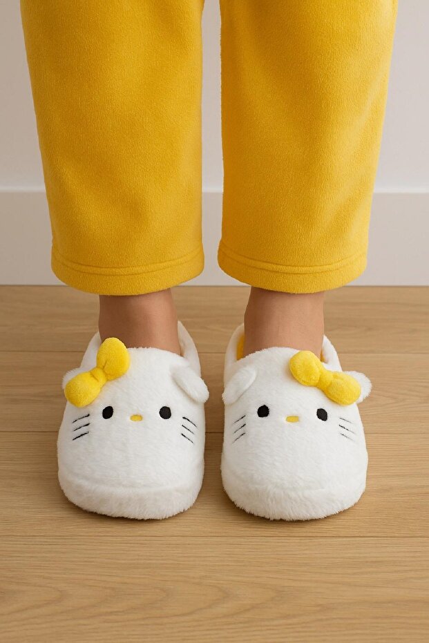 Kadın - Kız Çocuk Hello Kitty Yumuşak Tüylü Peluş Panduf Ev Botu Terlik Sarı - 3