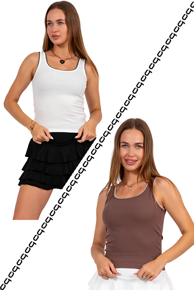 Pack of 2 White/Brown Embroidery Detail 100% Cotton Thick Straped Bluz