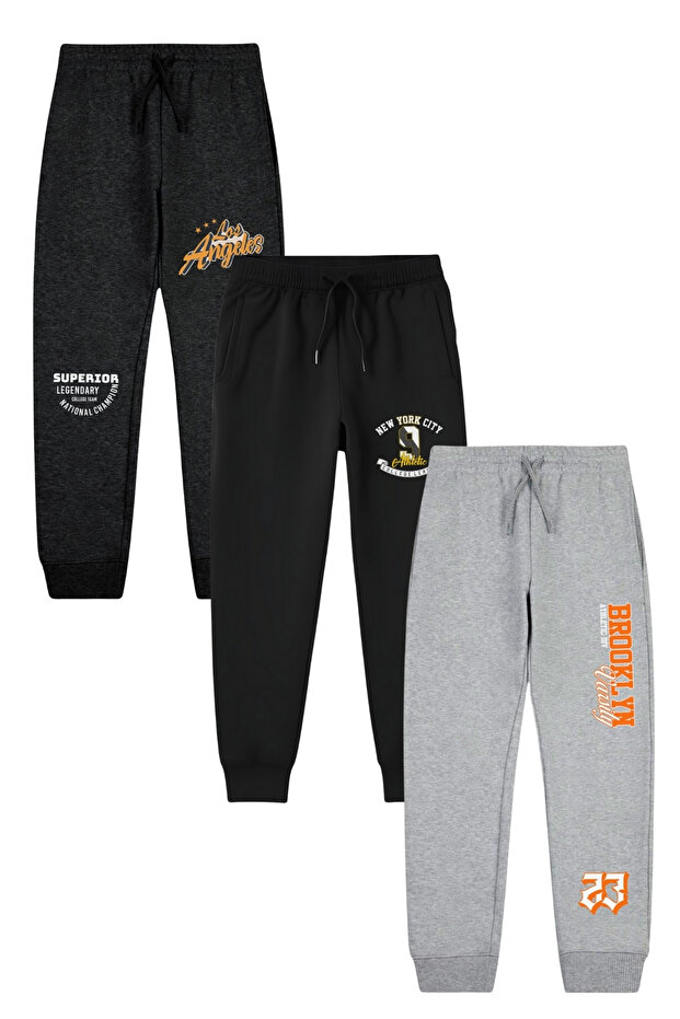3-Piece Printed Detailed Double Pocket Boys Jogger Sweatpants