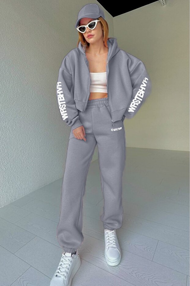 Kadın WRSTBHVR Baskılı Oversize 3 İplik Hırka Eşofman Takımı - 5