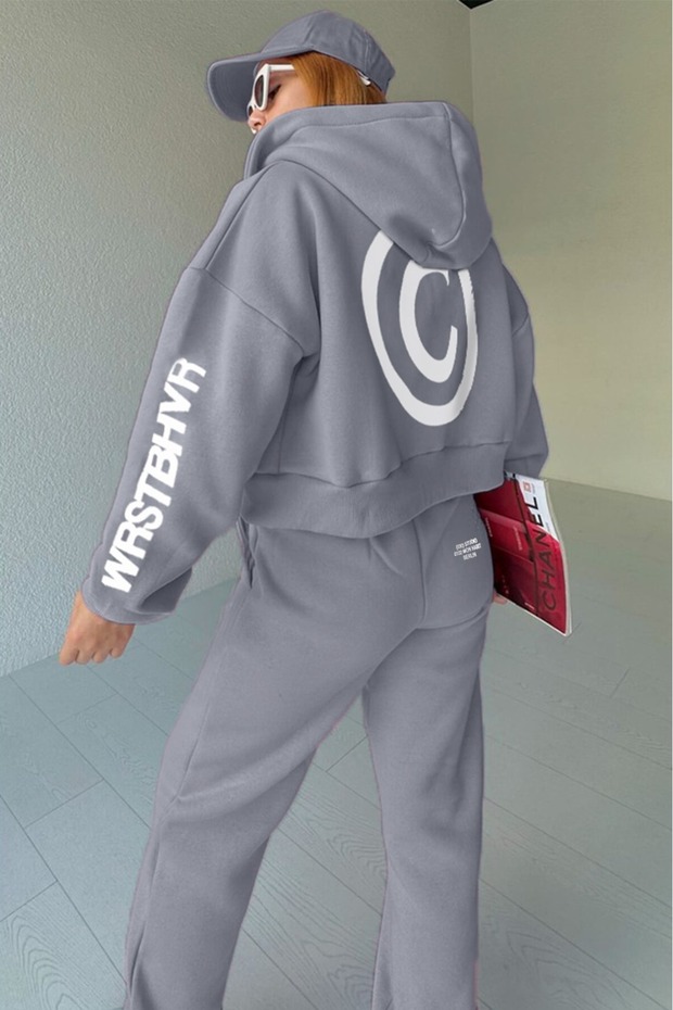 Kadın WRSTBHVR Baskılı Oversize 3 İplik Hırka Eşofman Takımı - 1