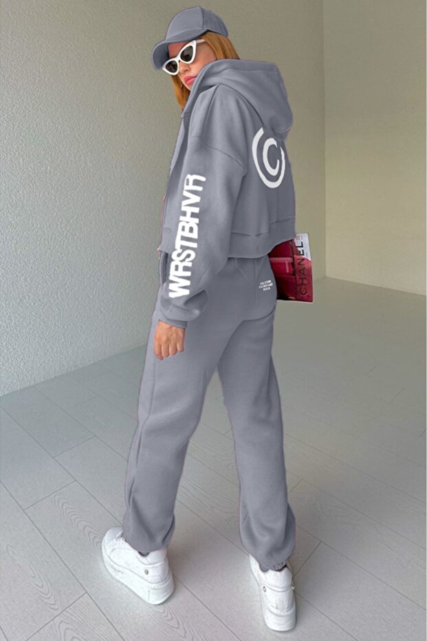 Kadın WRSTBHVR Baskılı Oversize 3 İplik Hırka Eşofman Takımı - 4