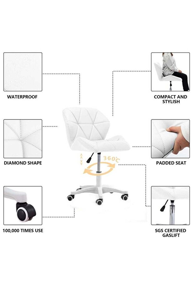 Ergonomic Desk Chair with Adjustable Height, with Swivel Wheels, with Soft Cushion - White - 4