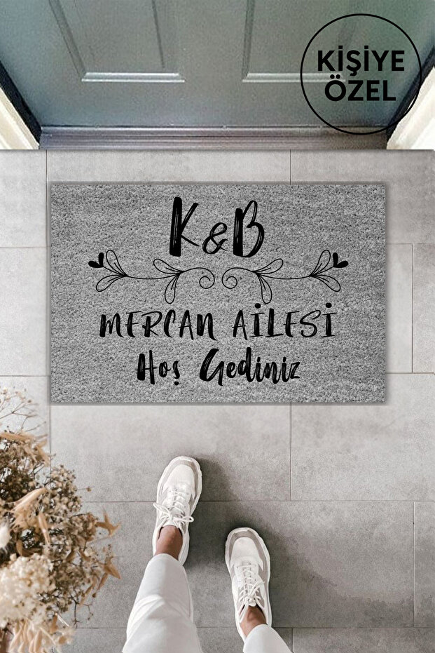Modern Dijital Baskı Gri Baş Harf Soyisimli Kapı Önü Paspas 70x45cm - 3