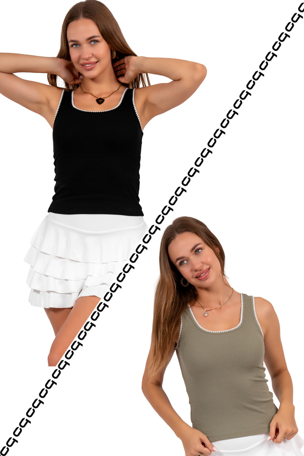 Pack of 2 Black/Green Embroidery Detail 100% Cotton Thick Strap Bluz