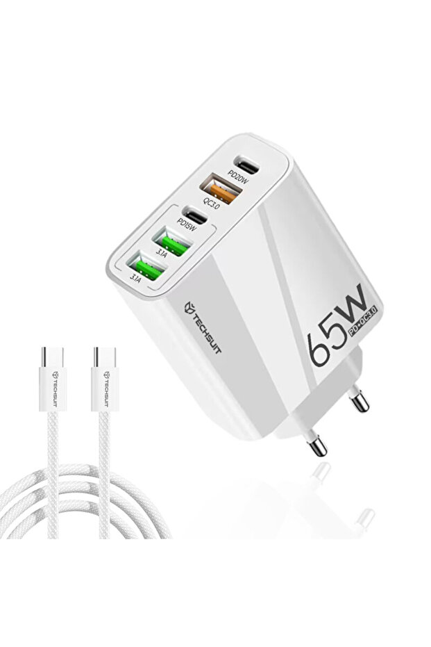 USB Quick Charge 65W Network Charger + Type-C Cable Techsuit, White, CHC2