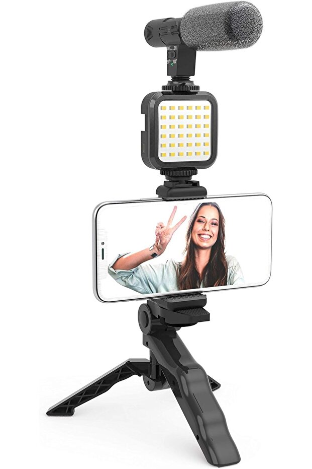 Vlogging 'Like Me' LED Video Light + Microphone + Mobile Phone Holder + Hand Grip/Mini Tripod Compat