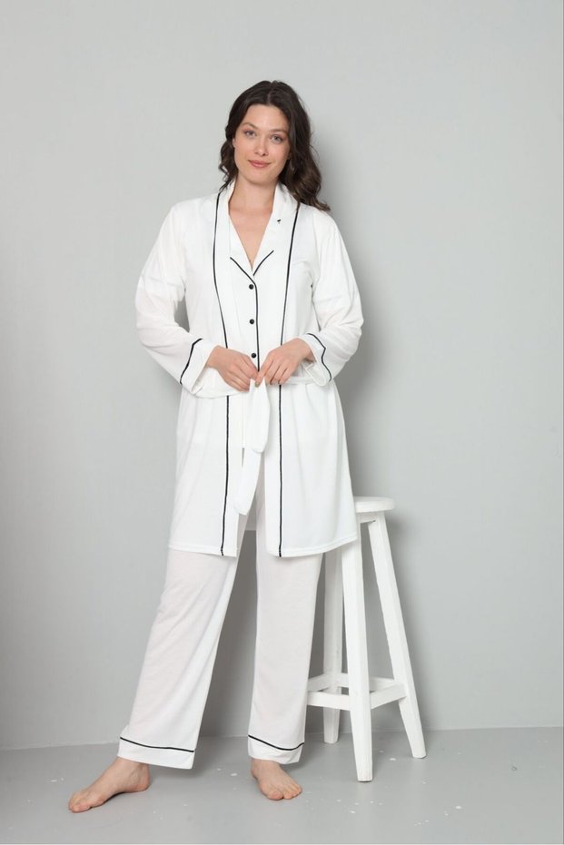 Women's 3-Piece Pajama Set with Short Sleeves, Cotton Buttons and Piping