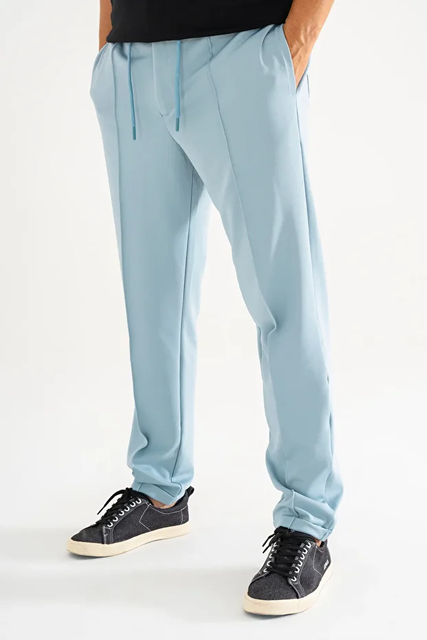 Erkek Açık Mavi Çımalı Rahat Spor Pantolon Duble Paça Jogger Eşofman Altı - 3