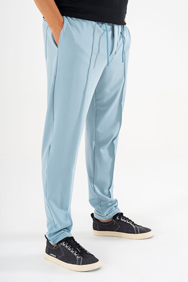 Erkek Açık Mavi Çımalı Rahat Spor Pantolon Duble Paça Jogger Eşofman Altı - 4